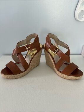 MICHAEL Michael Kors Brown Leather Espadrille Wedge Sandals with Gold Buckle